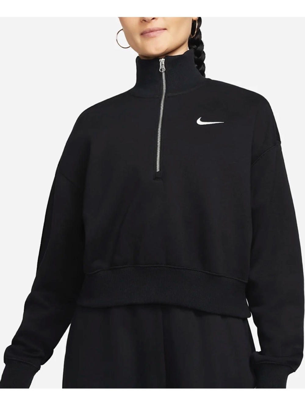 Nike Women's Black Cropped Half-Zip Sweatshirt with White Swoosh